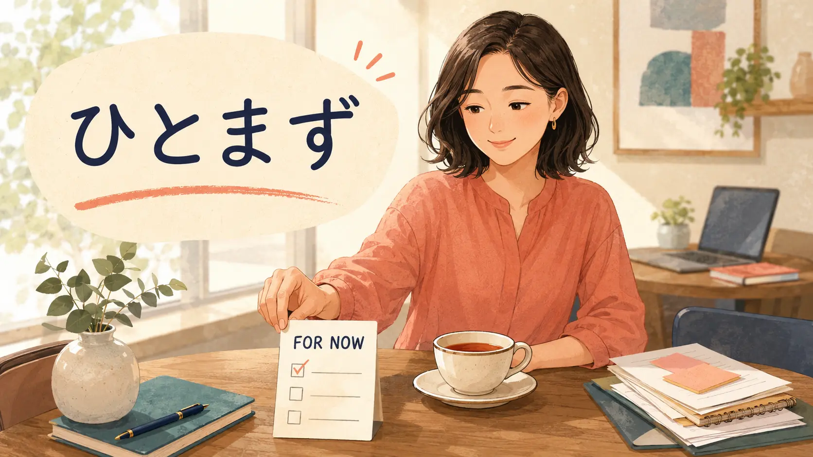 「ひとまず」を英語のfor nowで表すイラスト