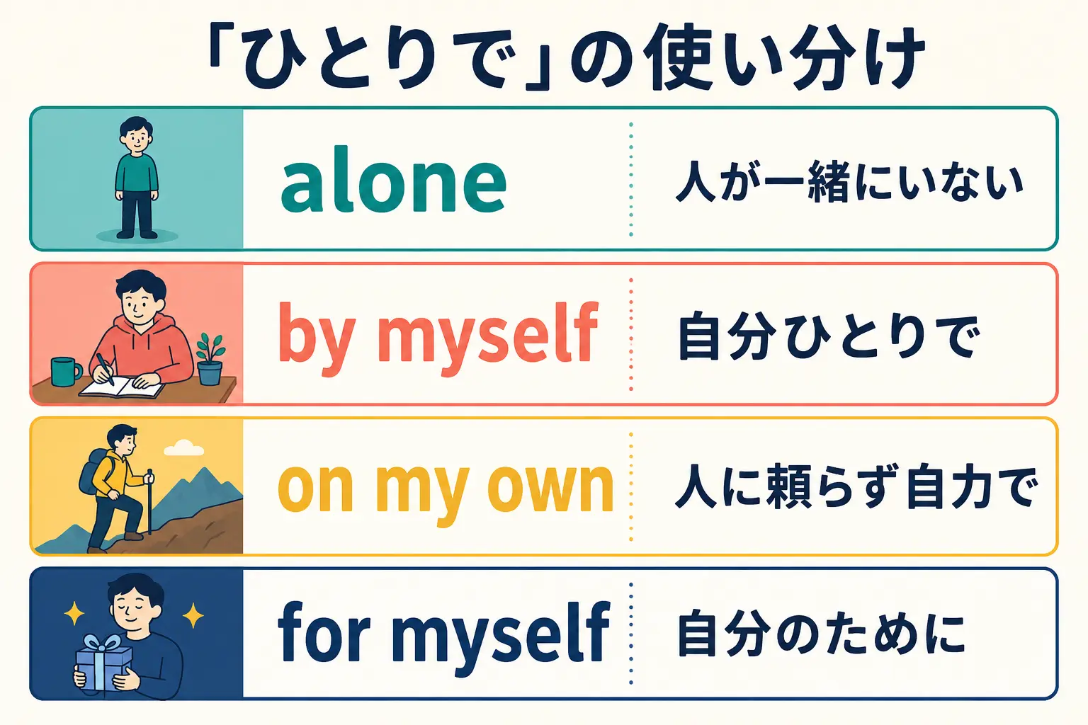 alone・by myself・on my own・for myselfの違いを示す図