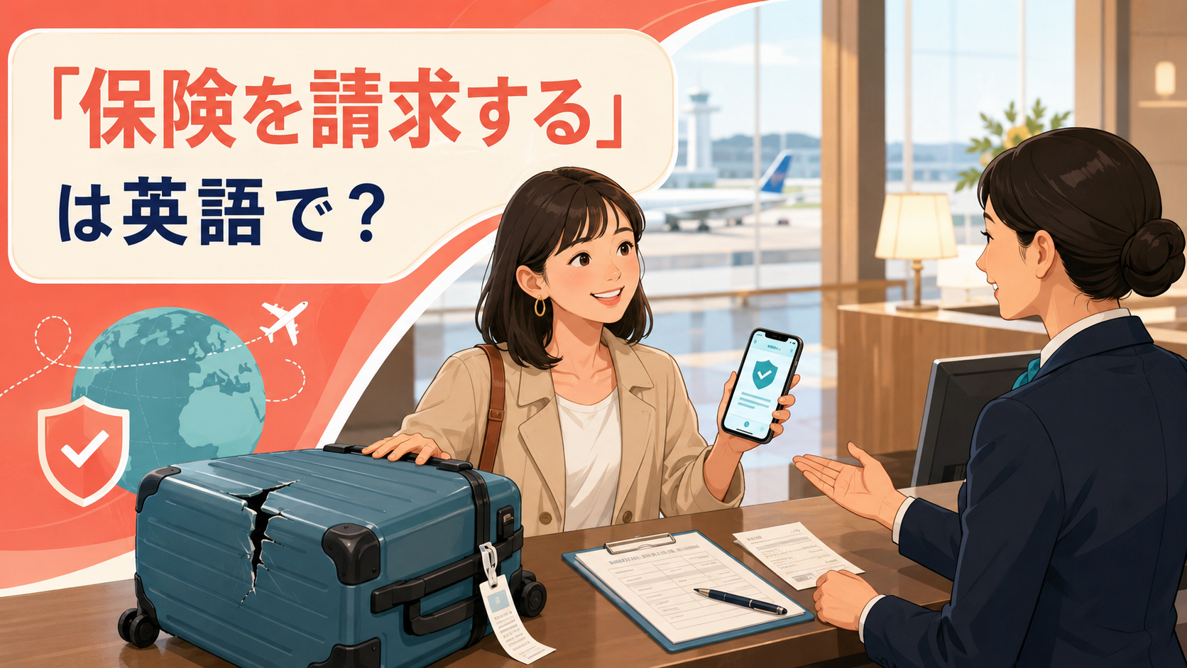 破損したスーツケースについて旅行保険を請求する場面