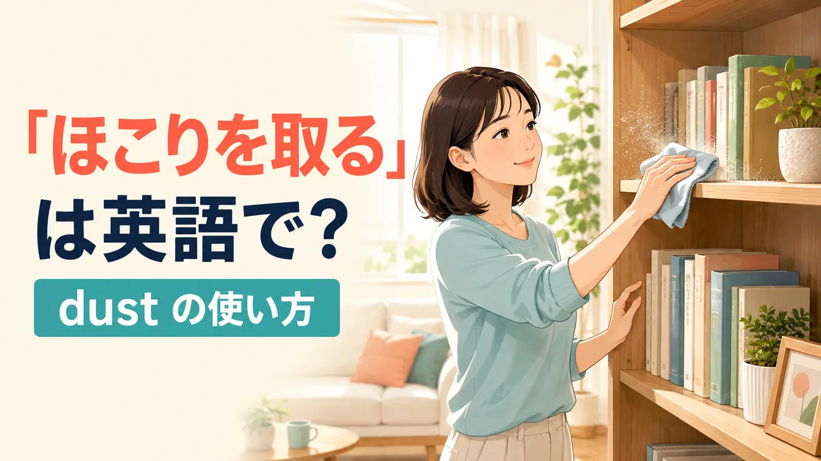 「ほこりを取る」は英語で？棚のほこりを布で拭く様子とdustの使い方