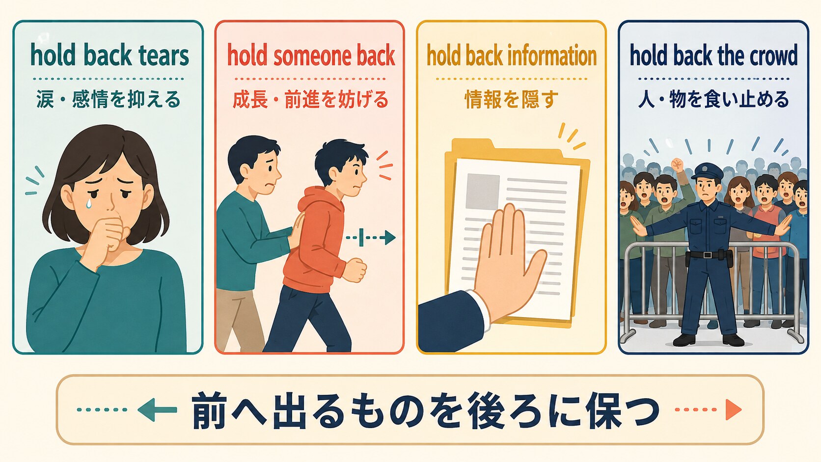 hold backの感情を抑える・前進を妨げる・情報を隠す・食い止める用法