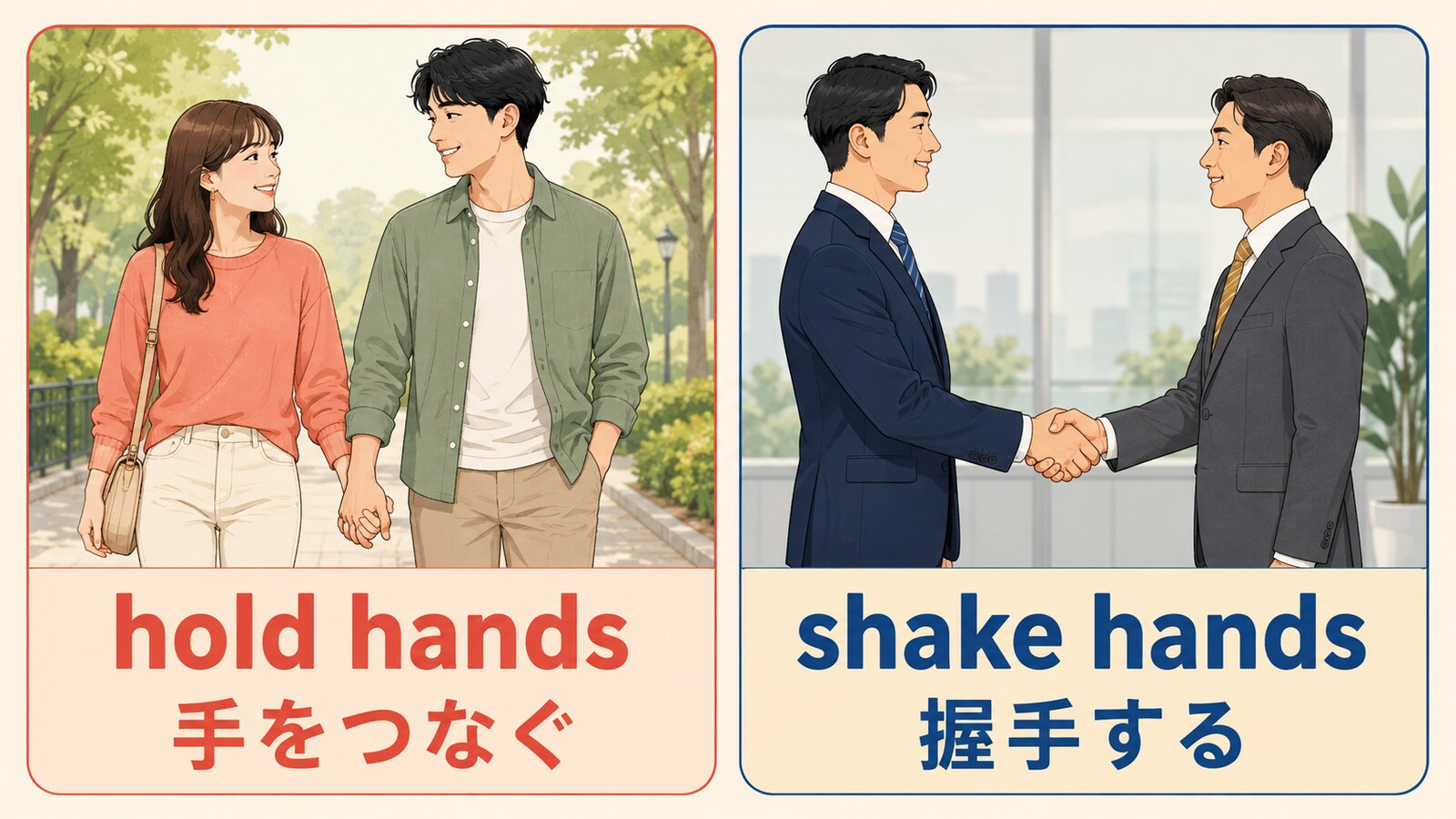 hold hands(手をつなぐ)とshake hands(握手する)の違いを示すイラスト
