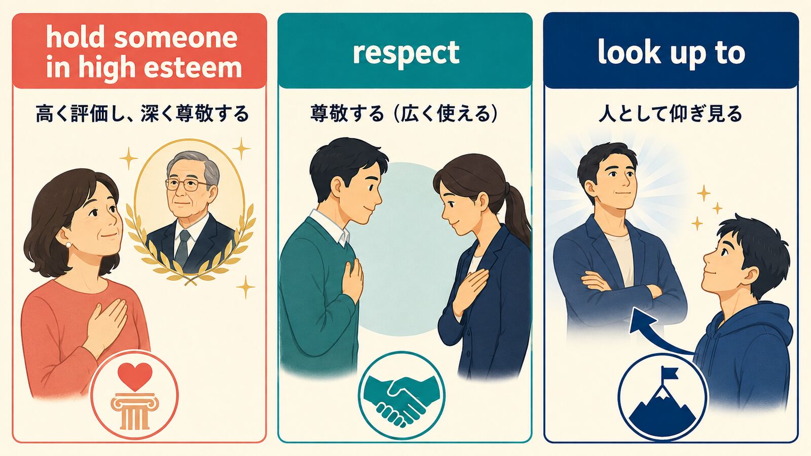 hold someone in high esteemとrespectとlook up toのニュアンスの違いを比較する図