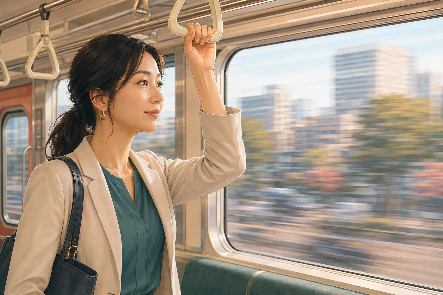動く電車の中でつり革を握り続ける女性―hold onのコアイメージ