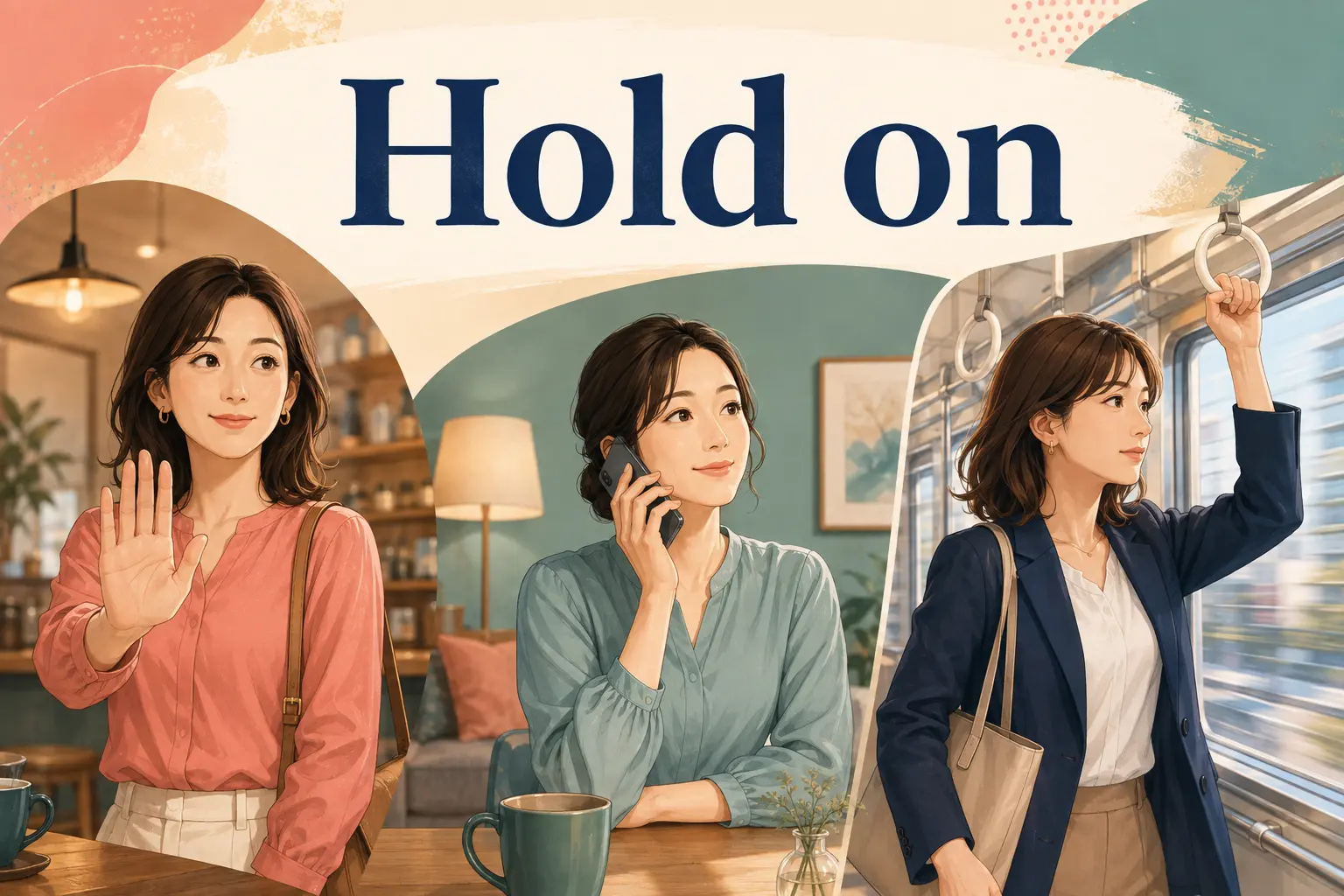 Hold onの「待って・電話を切らないで・つかまって」の3つの意味を表すイラスト