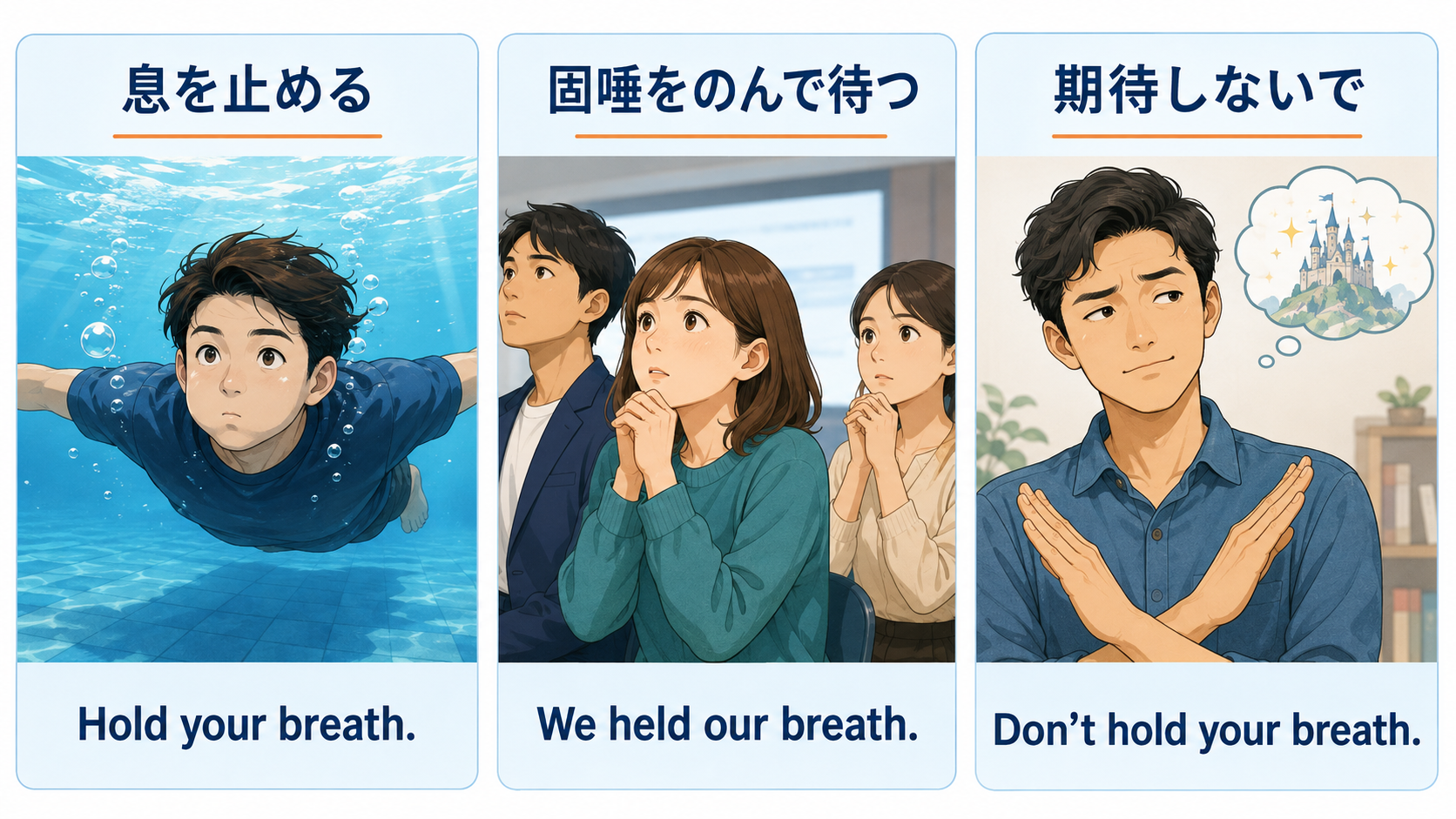 hold one’s breathの息を止める・固唾をのんで待つ・期待しないでの3用法