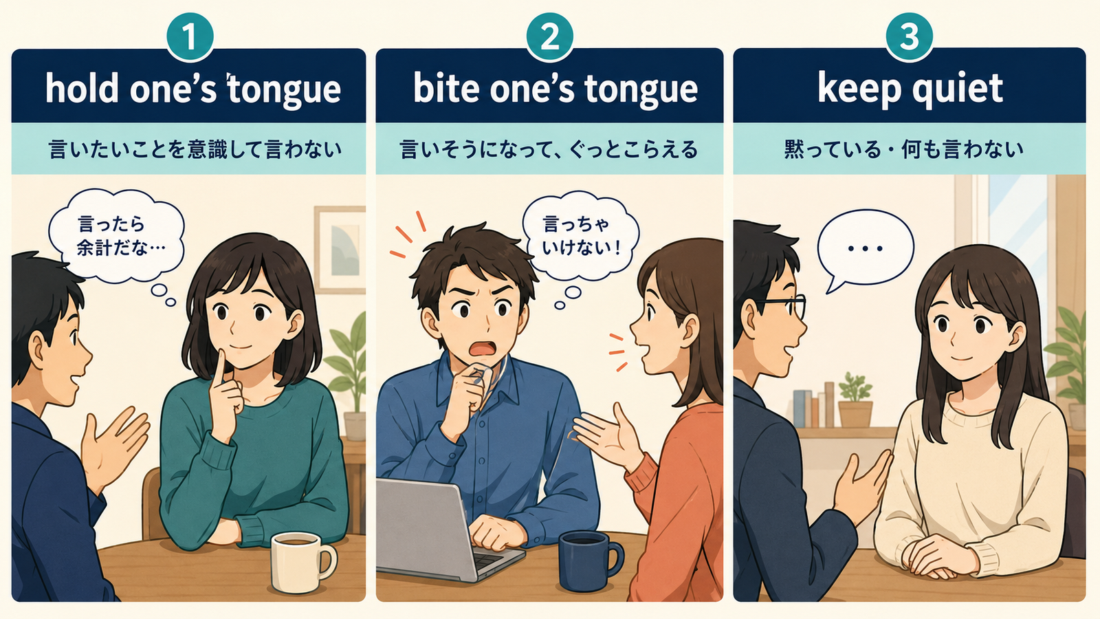 hold one’s tongueとbite one’s tongueとkeep quietのニュアンスの違い