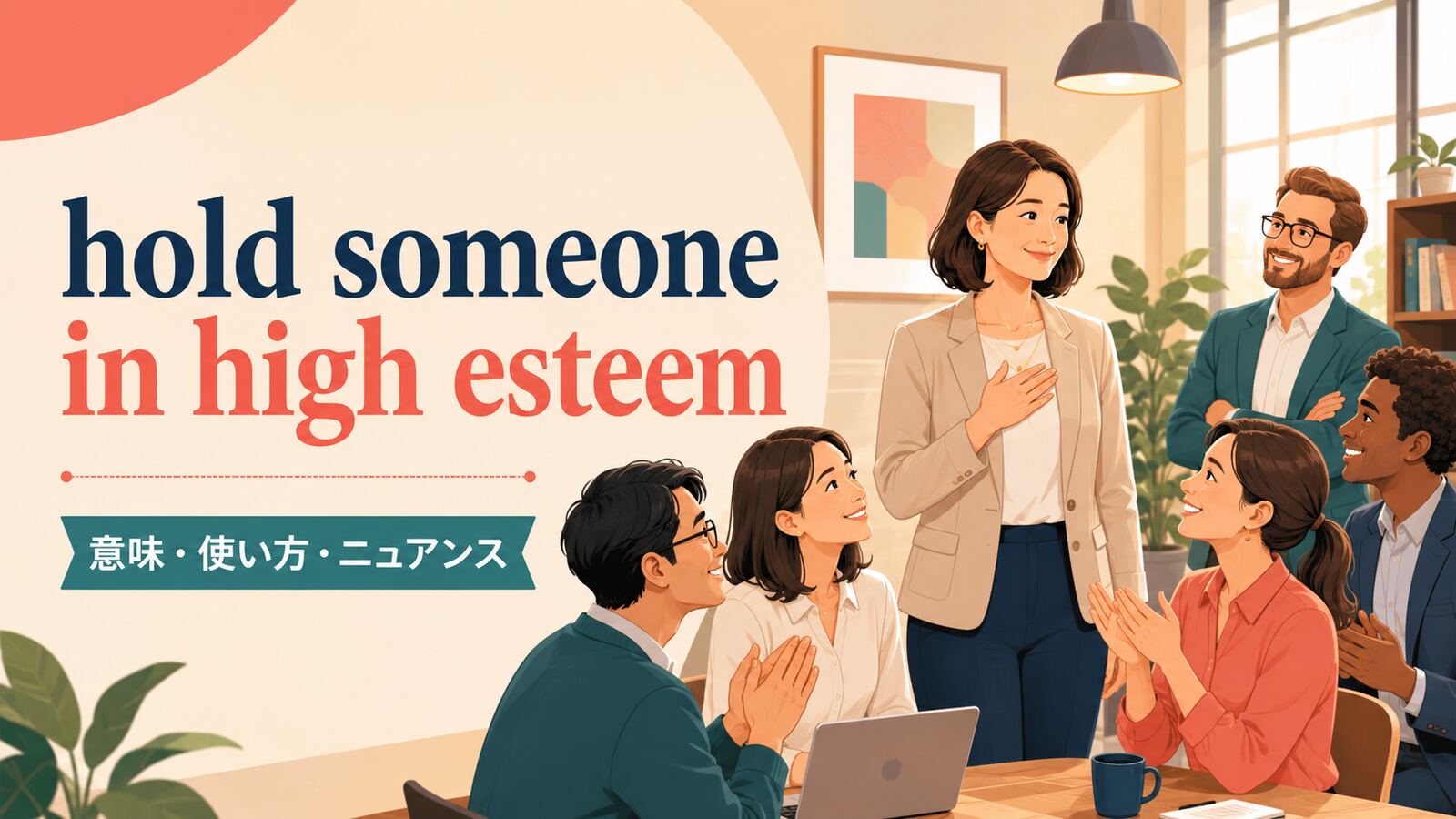 hold someone in high esteemの意味・使い方・ニュアンスを解説するアイキャッチ画像