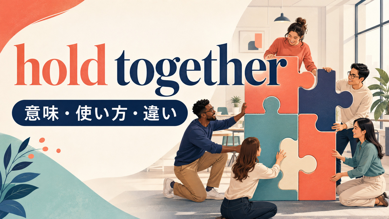 hold togetherの意味・使い方・違いを示すアイキャッチ画像