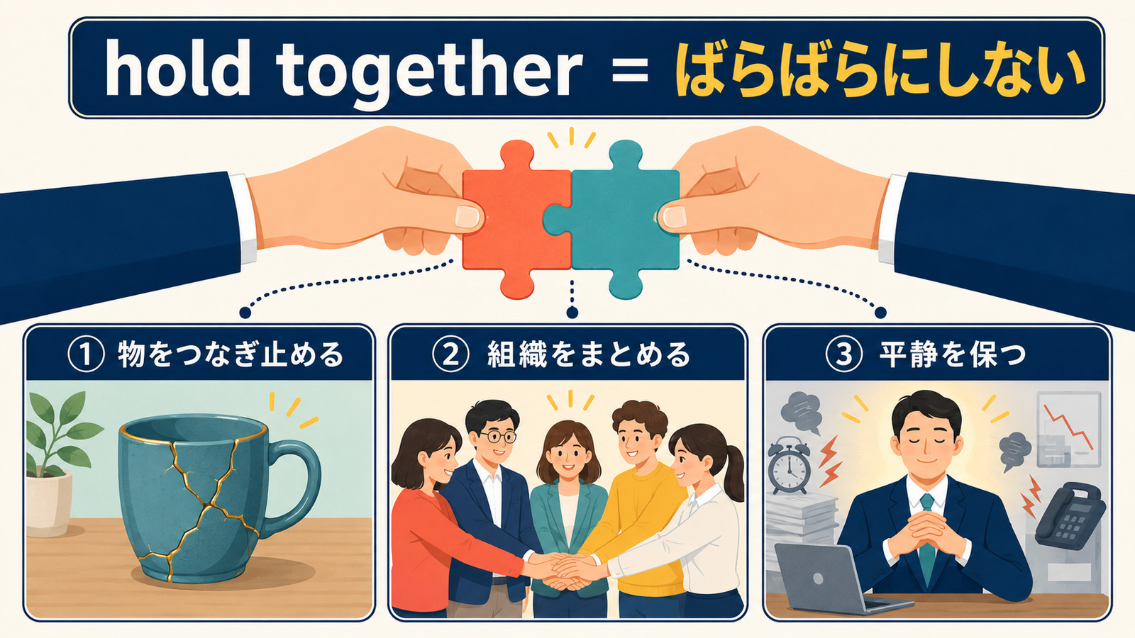hold togetherの物をつなぎ止める・組織をまとめる・平静を保つの3用法