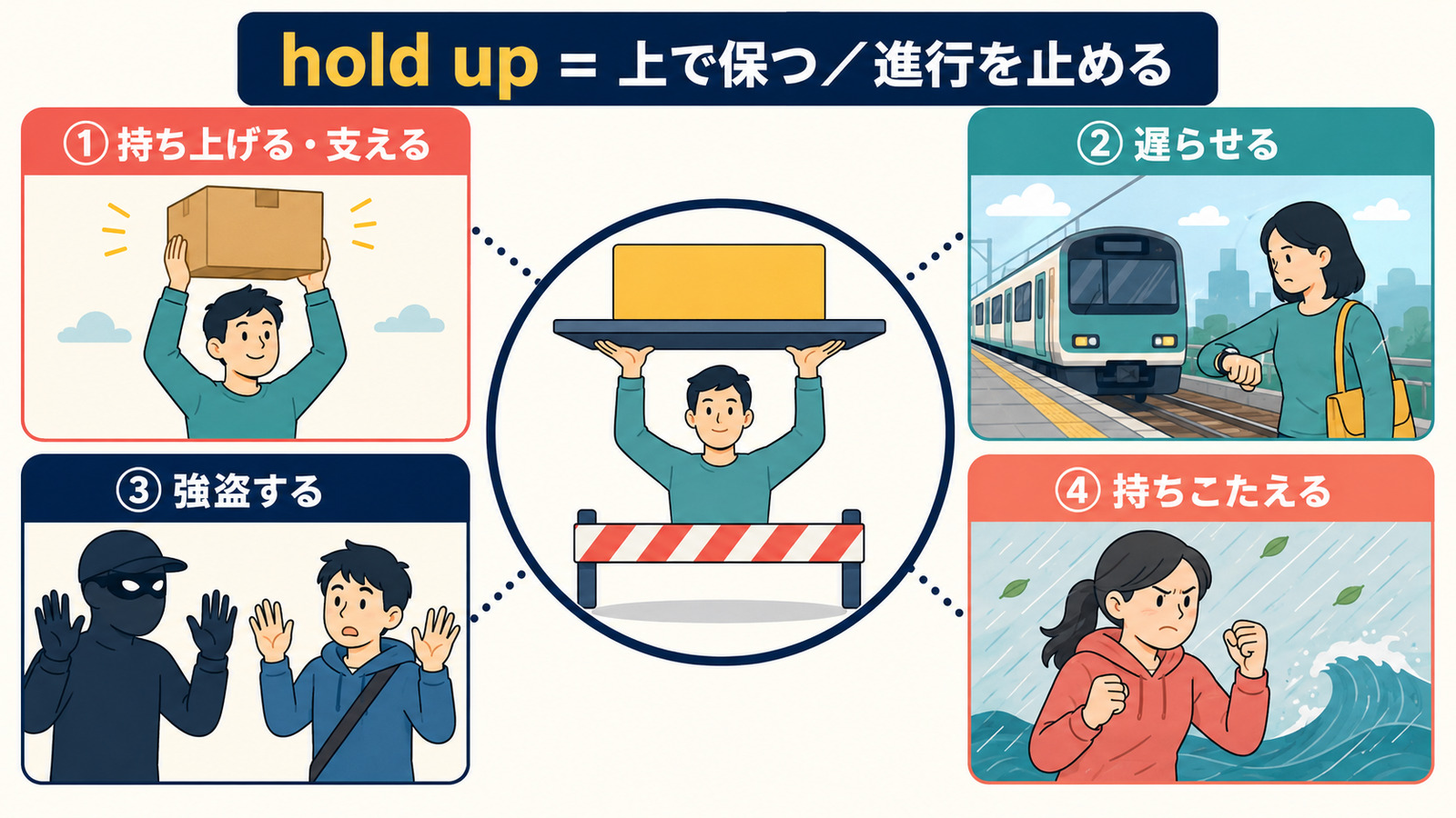 hold upの持ち上げる・遅らせる・強盗する・持ちこたえるの4用法