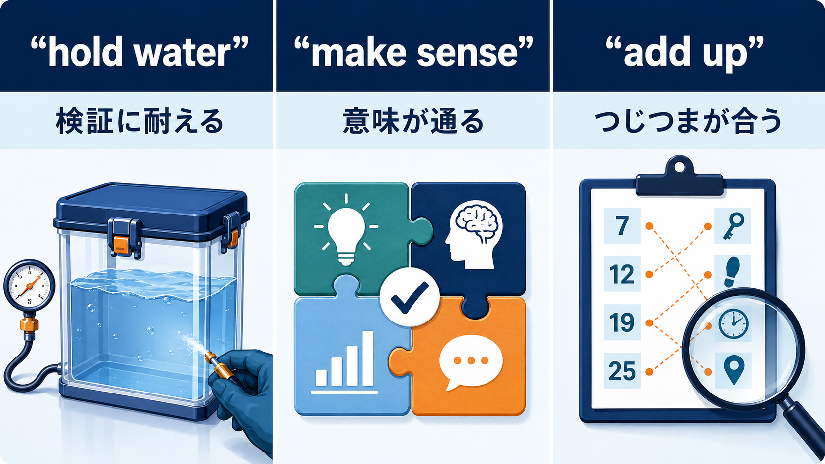hold water・make sense・add upのニュアンスの違い
