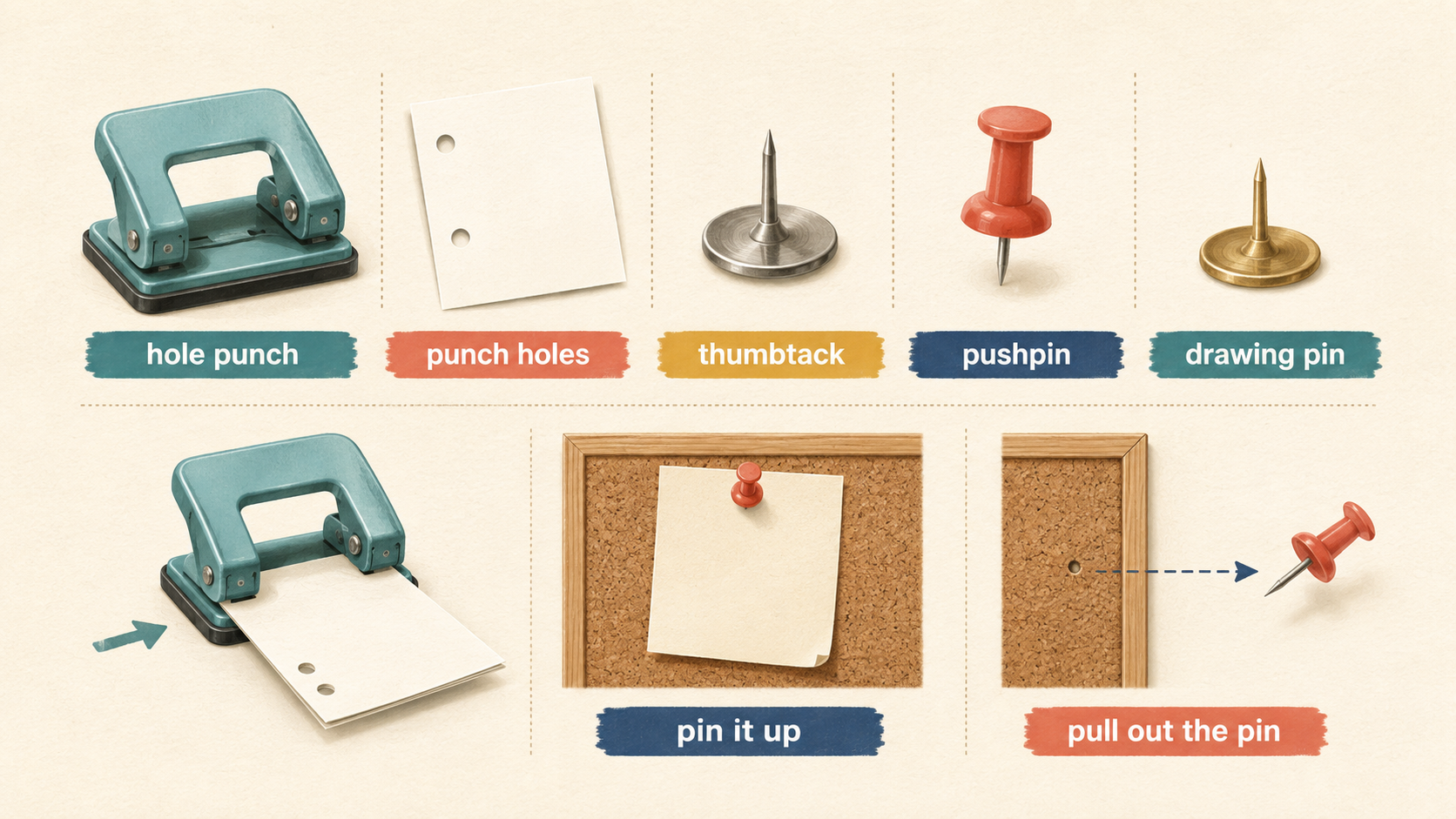 hole punch・thumbtack・pushpin・drawing pinと穴を開ける・留める表現