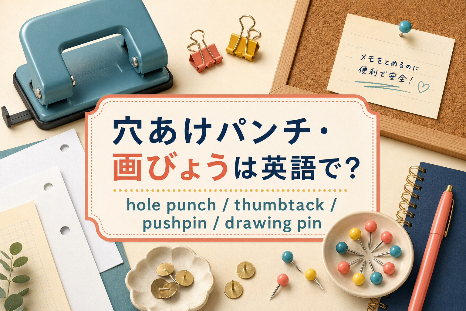 穴あけパンチ・画びょうは英語でhole punch・thumbtack・pushpin・drawing pin