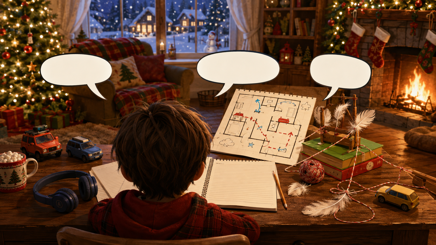 クリスマスの部屋で短い英語表現を練習するオリジナルイラスト