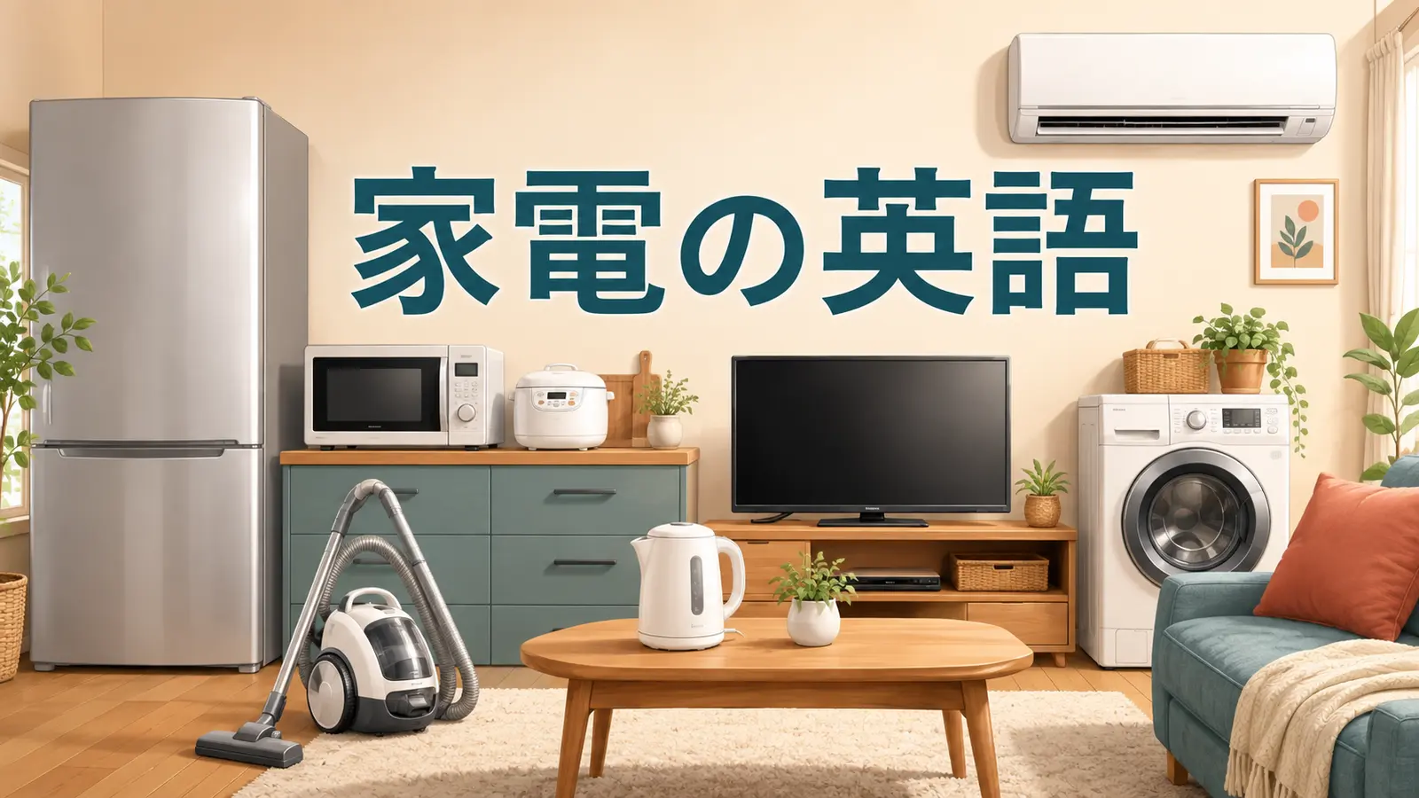 冷蔵庫・電子レンジ・洗濯機など家電の英語を学ぶイメージ