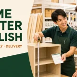 ホームセンターで外国人客と家具の寸法を確認するスタッフ