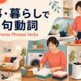 家事・暮らしで使う句動詞を掃除・洗濯・料理・家電の場面で示したアイキャッチ