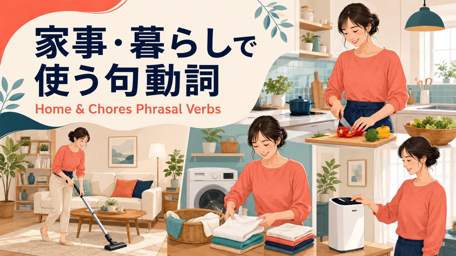 家事・暮らしで使う句動詞を掃除・洗濯・料理・家電の場面で示したアイキャッチ