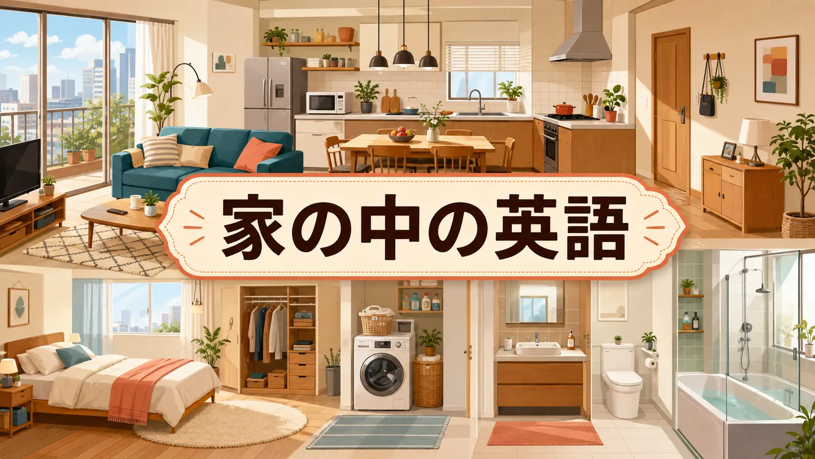 家の中にある部屋・家具・家電を描いた「家の中の英語」のイラスト