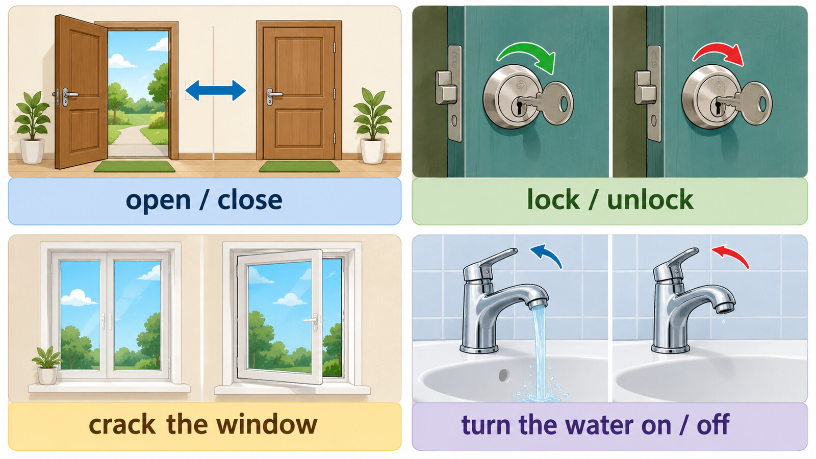 open・close・lock・turn the water on/offの図解