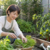 家庭菜園で野菜を育てる大人の女性