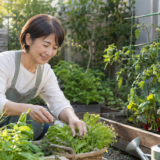 家庭菜園で野菜を育てる大人の女性