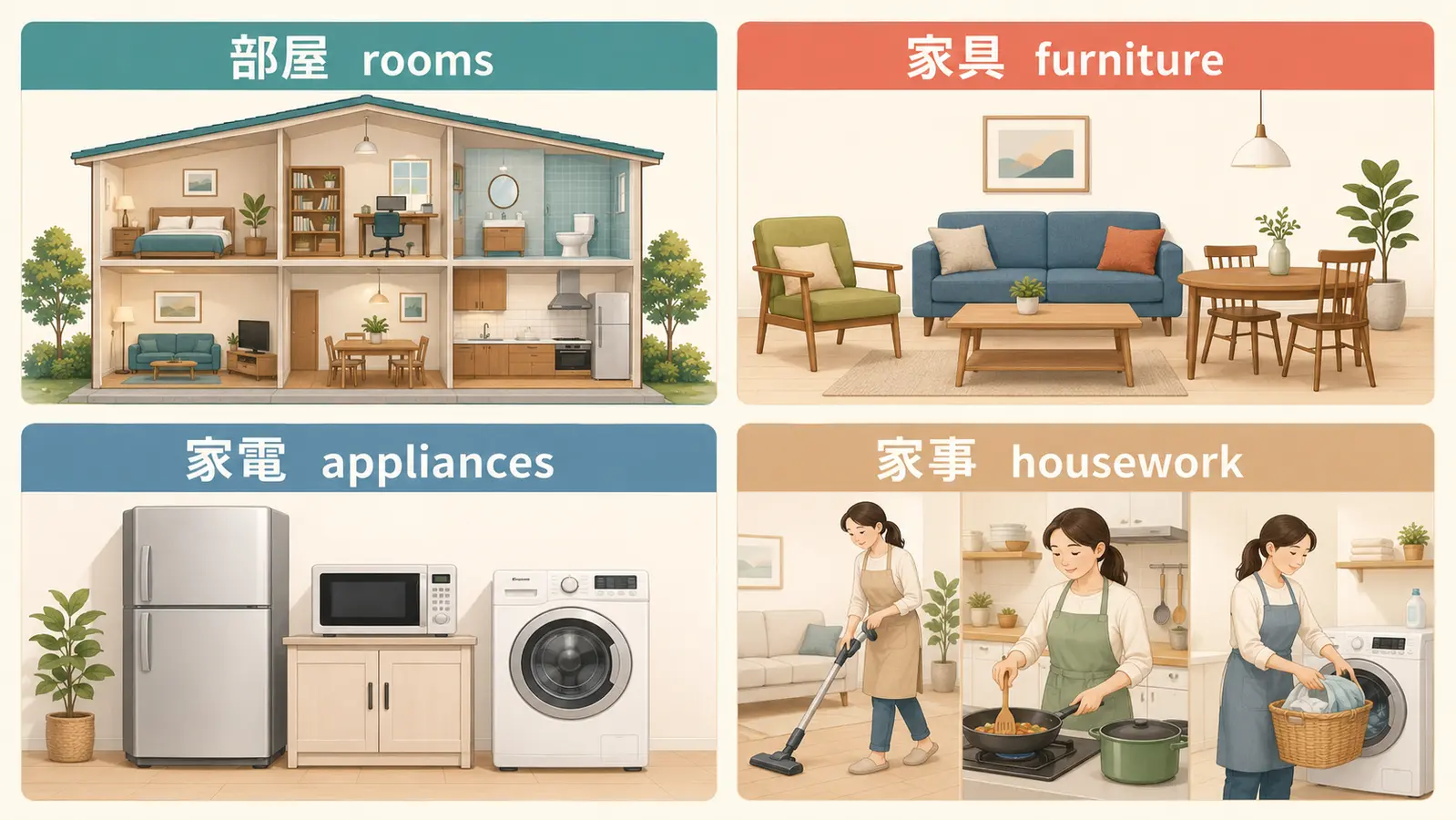 部屋 rooms・家具 furniture・家電 appliances・家事 houseworkの英語を示す図