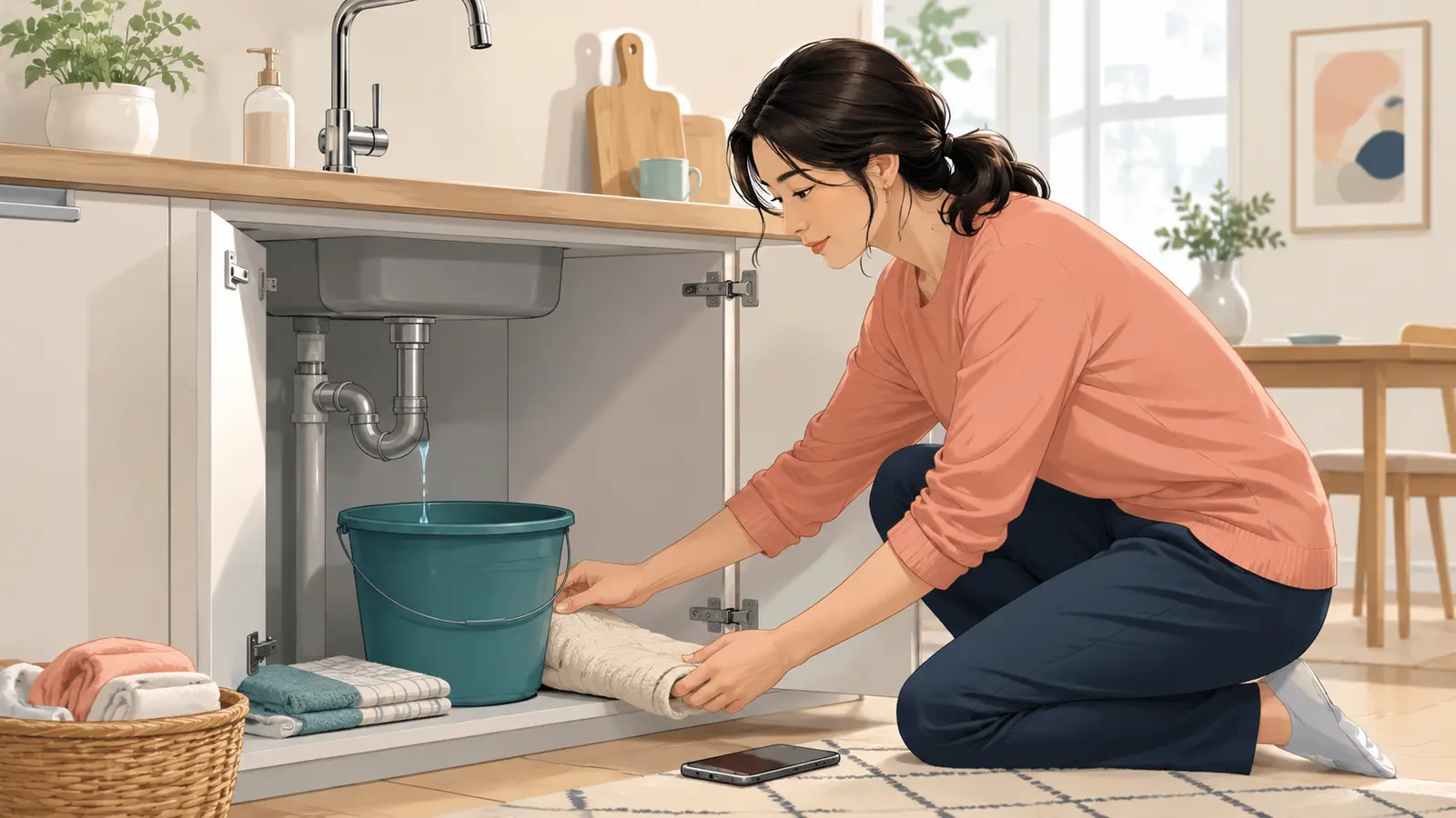 キッチンの水漏れにバケツとタオルで応急対応する女性