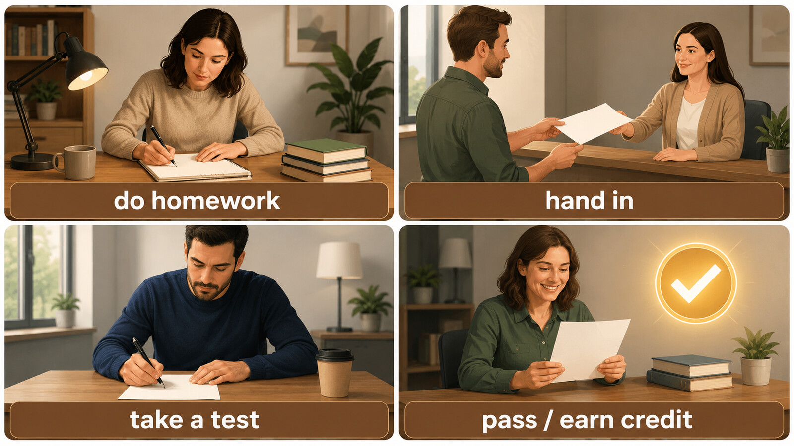 do homework・hand in・take a test・earn creditを整理した図