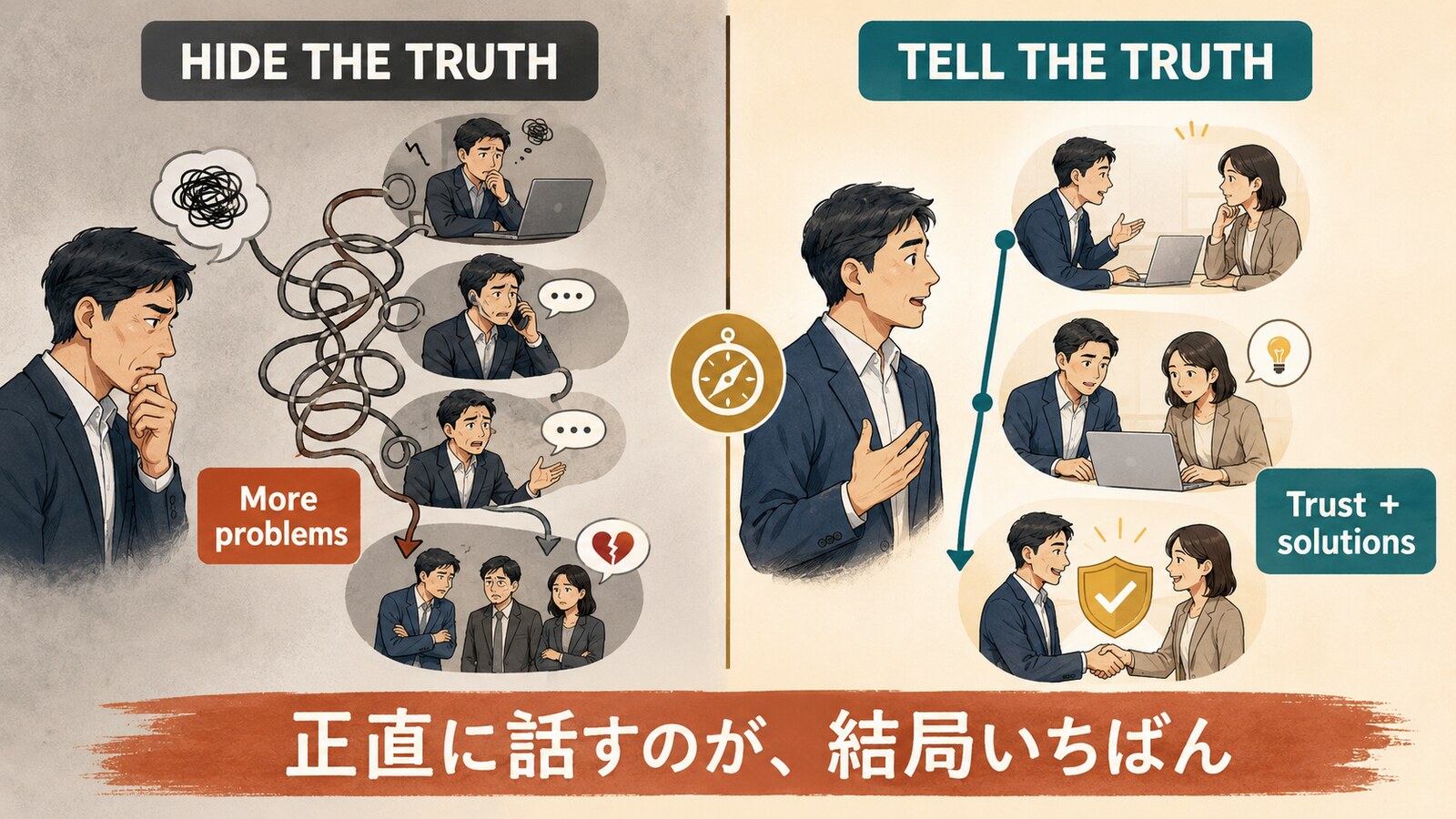 真実を隠す場合と正直に話す場合を比べたHonesty is the best policyの解説イラスト