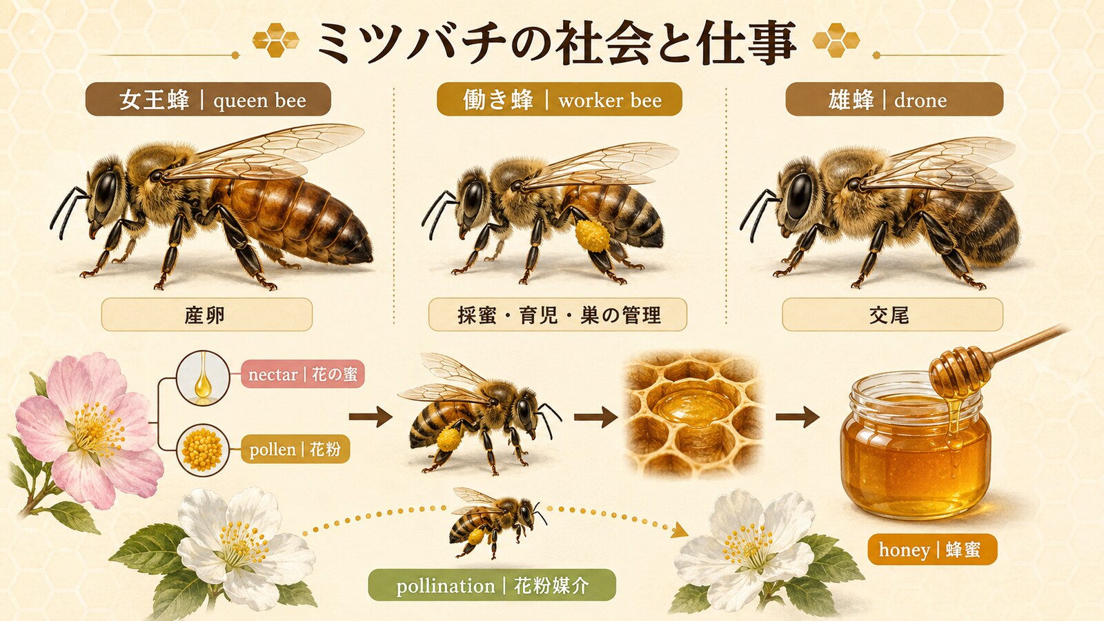 女王蜂・働き蜂・雄蜂の役割と花の蜜・花粉・蜂蜜・花粉媒介を示す解説図