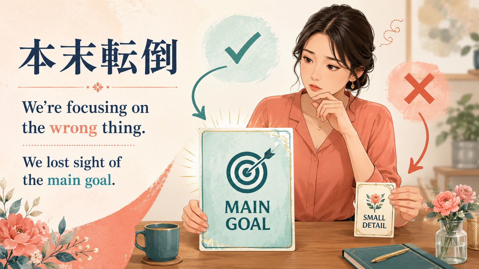 本末転倒を MAIN GOAL と SMALL DETAIL の対比で説明する英語イラスト