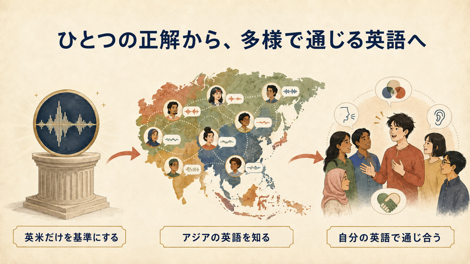 英米英語だけの基準からアジア英語とJapanese Englishへ進む図解
