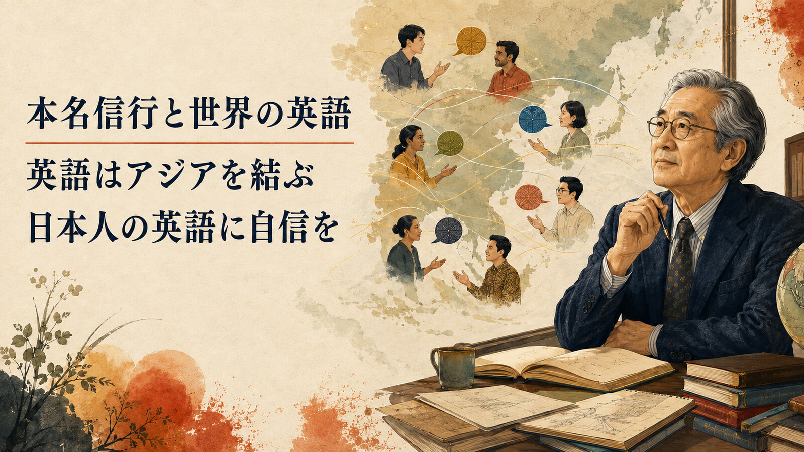 本名信行とアジアの多様な英語を表すイラスト