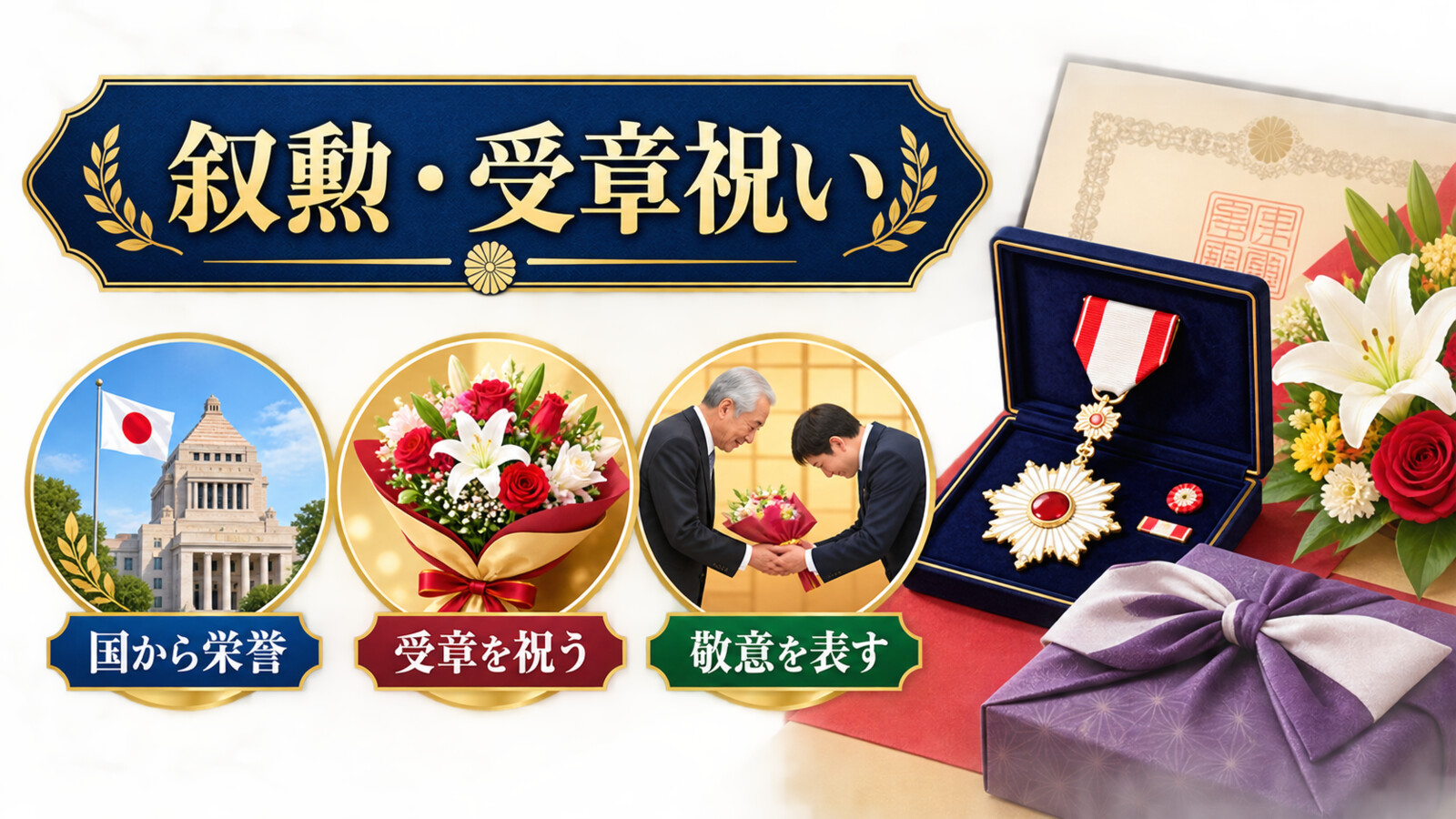 叙勲・受章祝いの意味・場面・英語の使い分けを示す図解