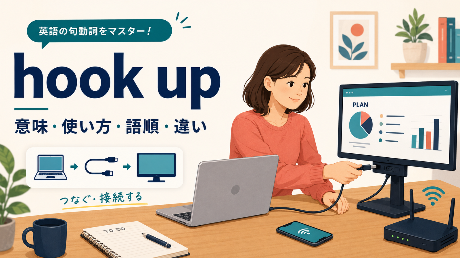 hook upの意味と機器を接続する使い方を示すアイキャッチ