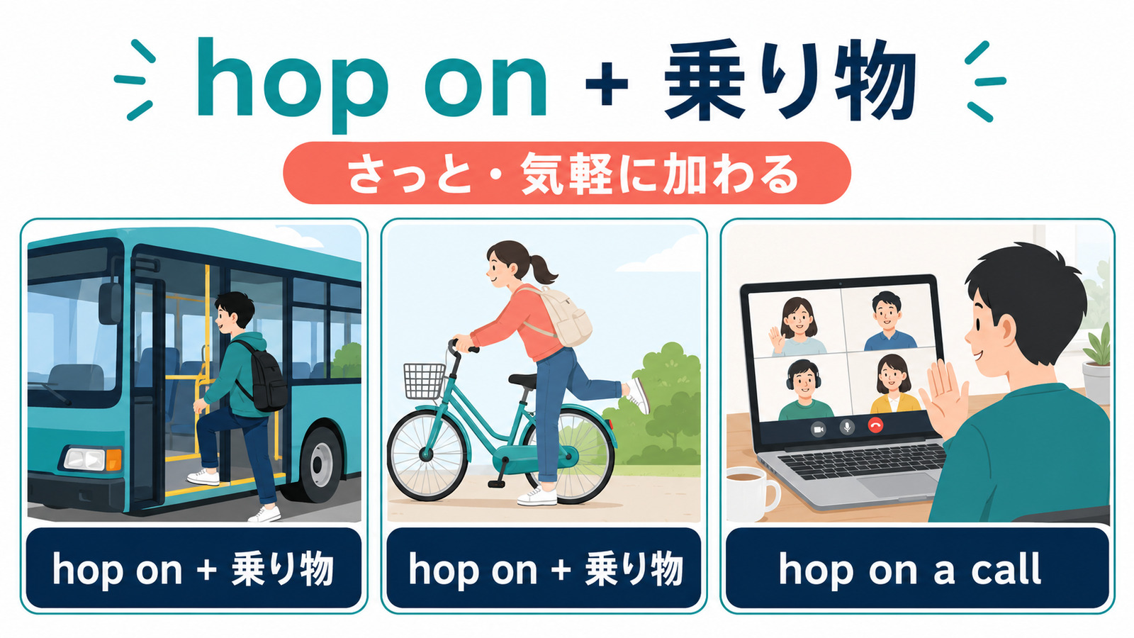hop on + 乗り物とhop on a callの使い方を示す解説イラスト