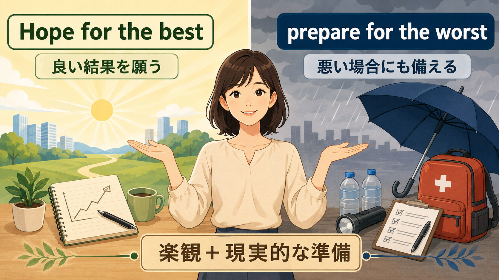Hope for the bestとprepare for the worstの対比イラスト