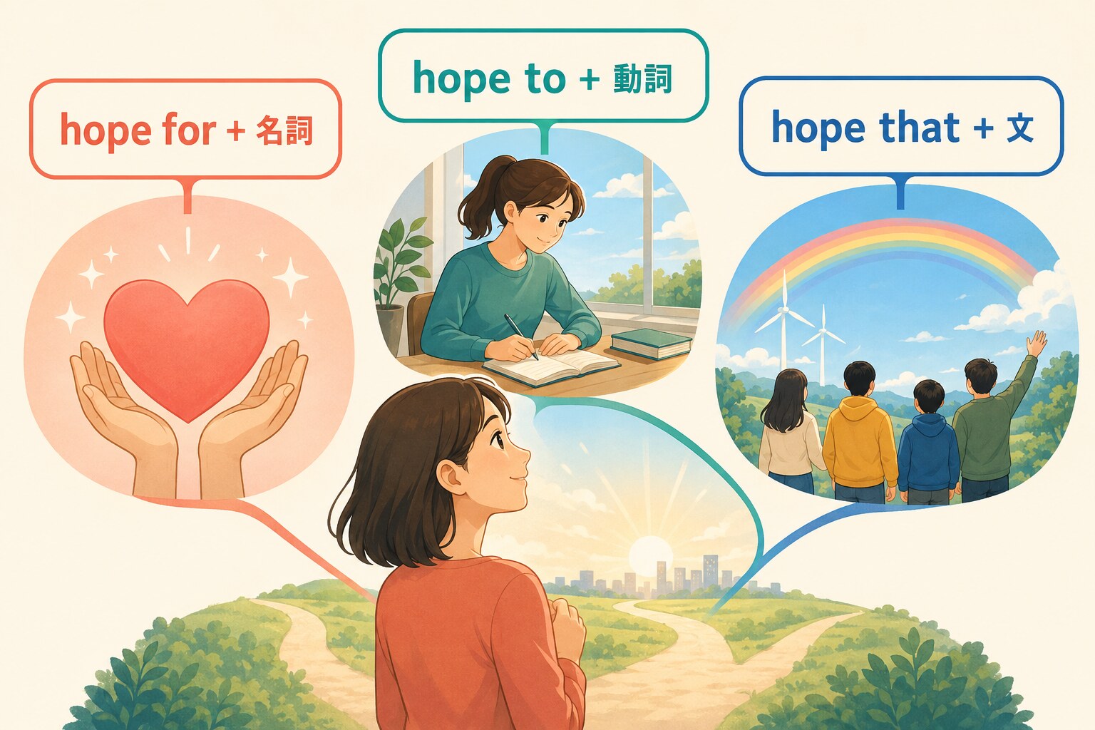 hope for+名詞、hope to+動詞、hope that+文の違いを示すイラスト
