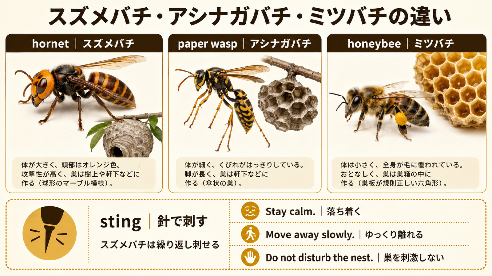 スズメバチ・アシナガバチ・ミツバチの体形と巣、遭遇時の行動を比べた解説図