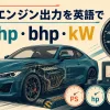 スポーツカーと測定器でPS・hp・bhp・kWを表す英語学習イラスト
