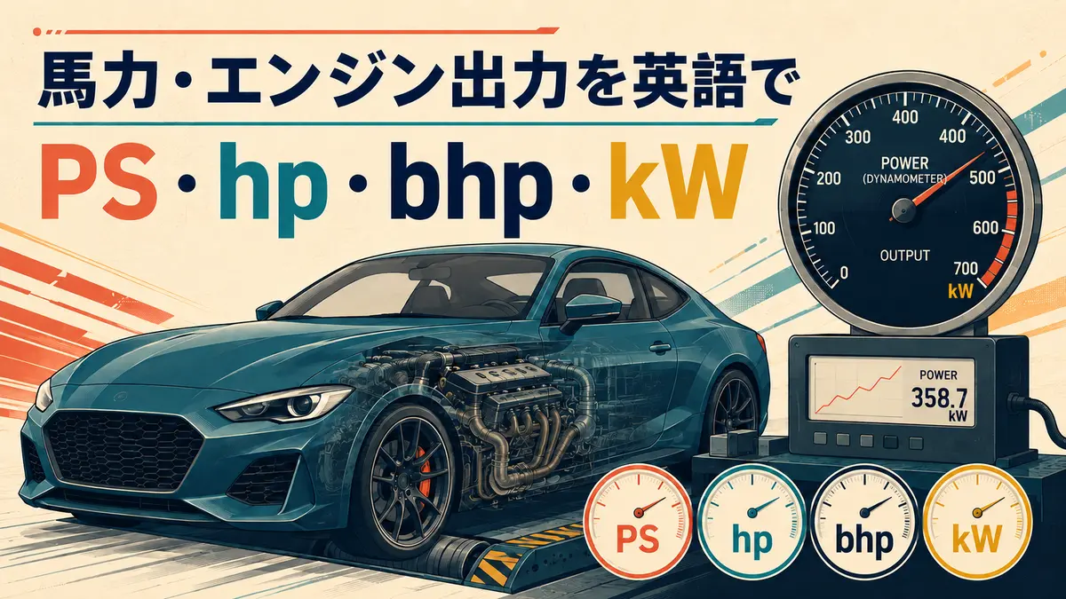 スポーツカーと測定器でPS・hp・bhp・kWを表す英語学習イラスト