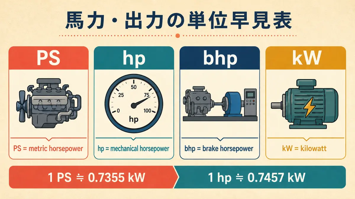 PS・hp・bhp・kWの意味と換算をまとめた早見表