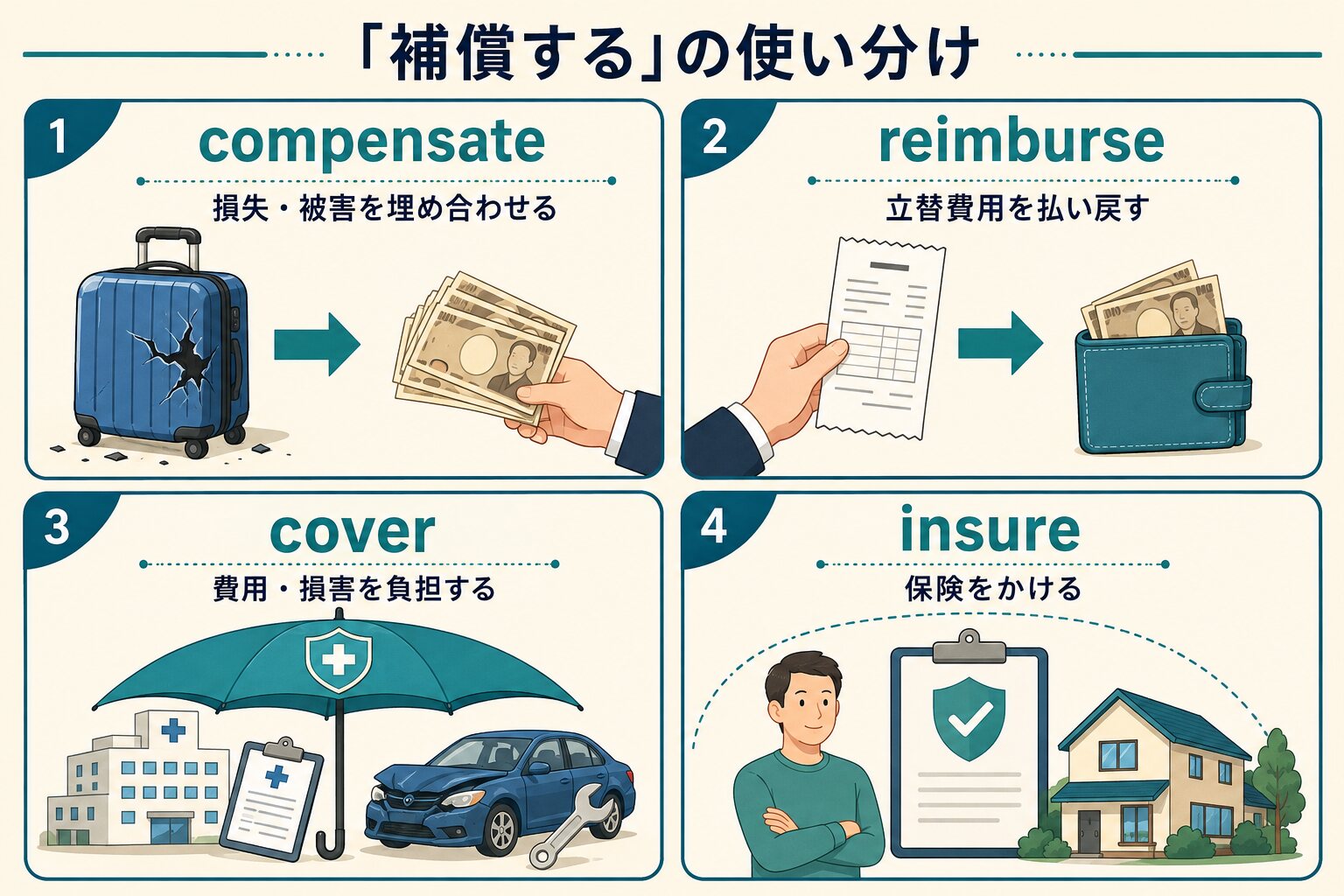 compensate・reimburse・cover・insureの使い分け比較