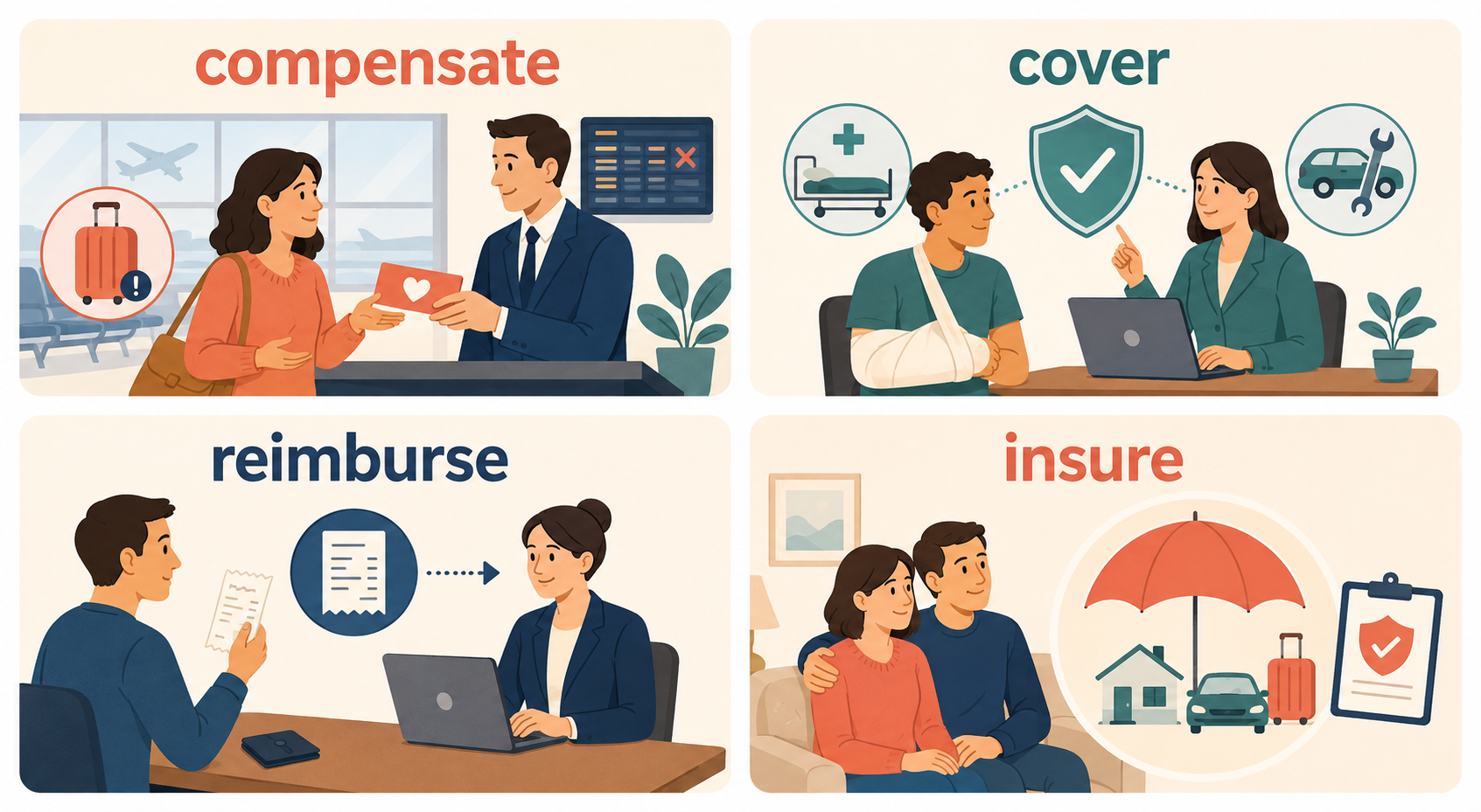 compensate・reimburse・cover・insureの使い分け比較