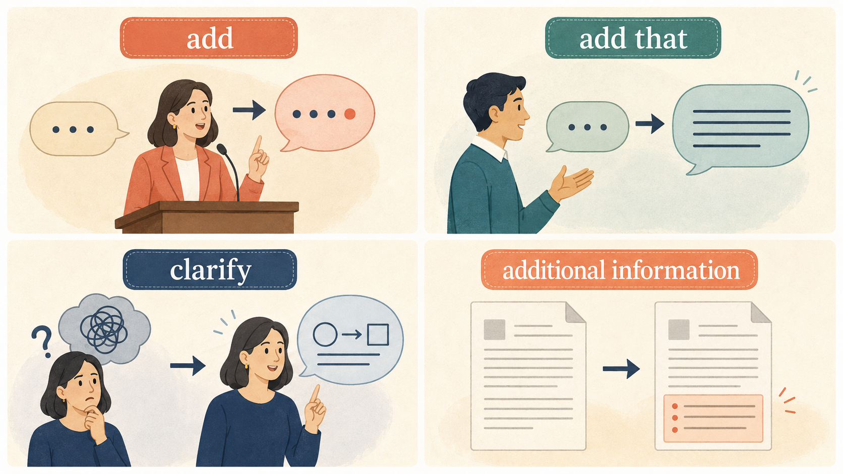 add・add that・clarify・additional informationによる補足の違い