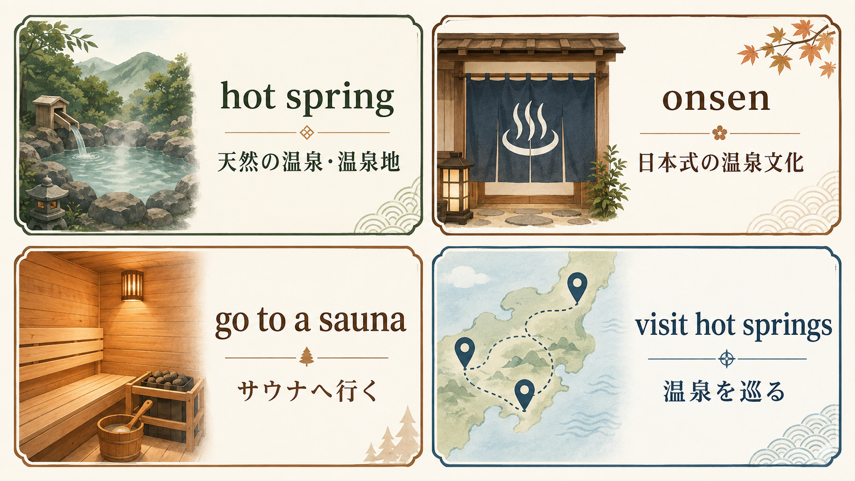 hot spring・onsen・go to a sauna・visit hot springsの違いを示す横長図解