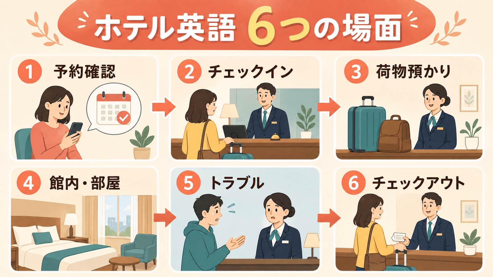 予約確認からチェックアウトまでのホテル英語6場面
