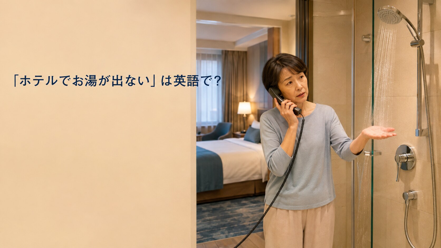 海外ホテルでシャワーのお湯が出ずフロントへ電話する女性